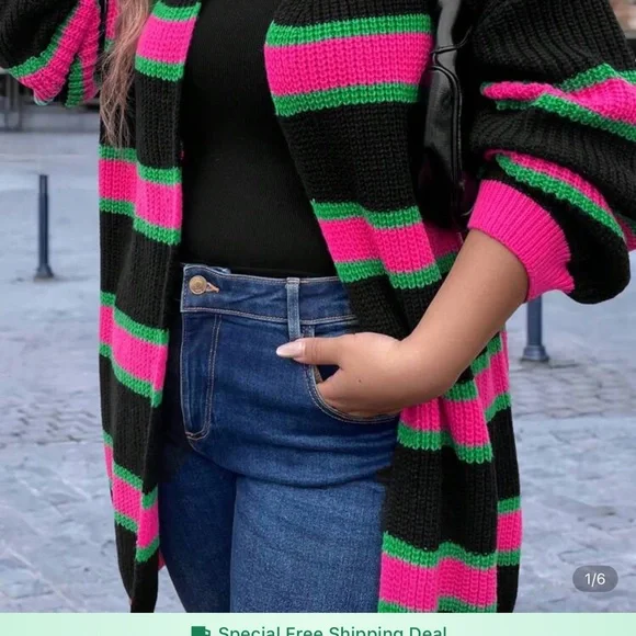 Striped Black, Pink, and Mint Green Women's Sweater Cardigan - Picture 5 of 5